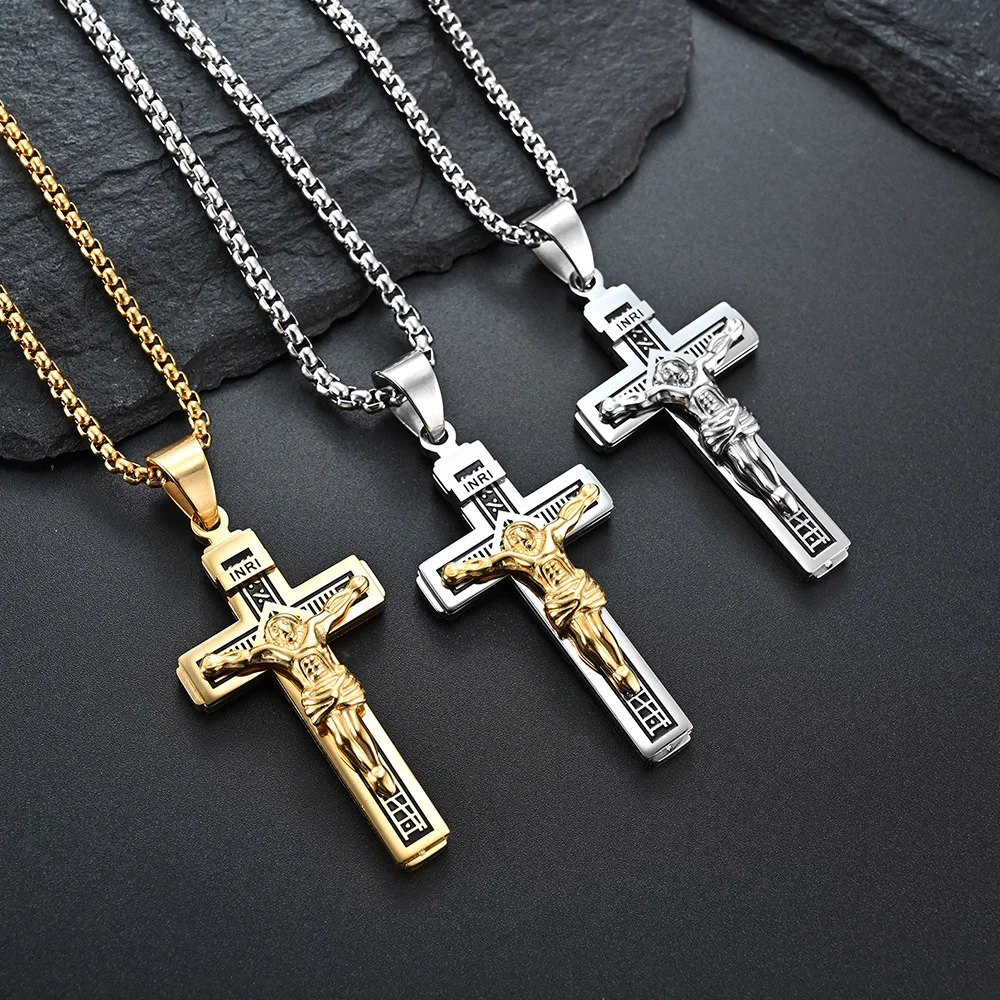 

Vintage Catholic Jesus Pendant Necklace 316L Stainless Steel Cross Necklace Men Jewelry Gift Religious Christian Jewelry