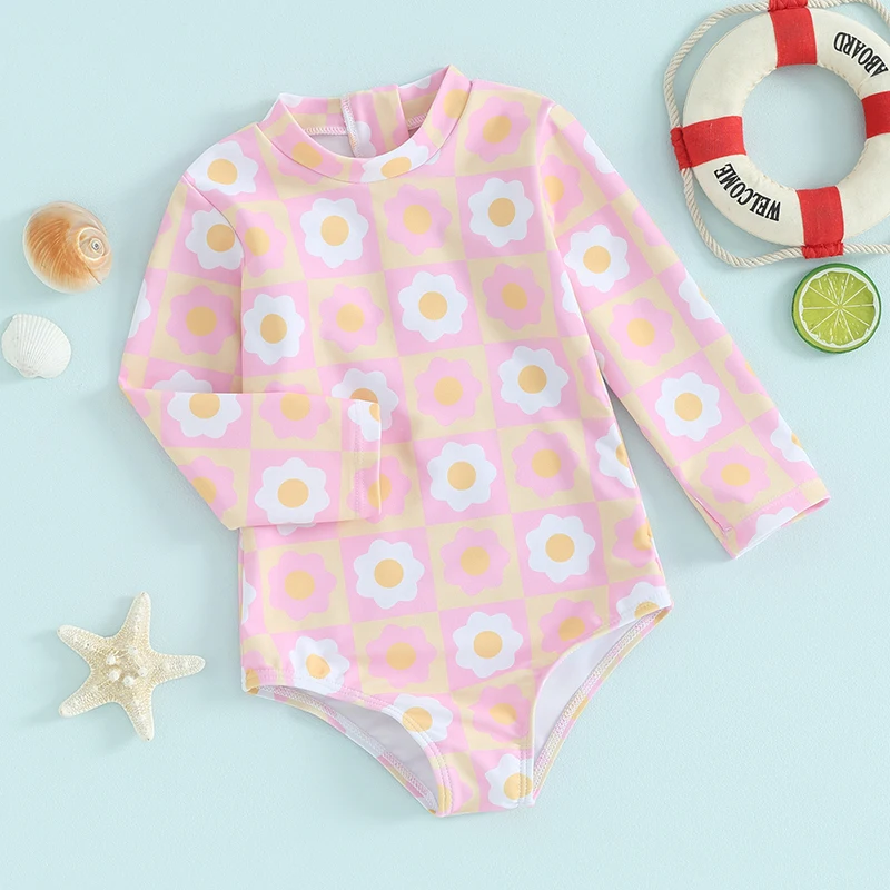 Newbgclo Infant Toddler Baby Girl  Swimsuit Floral Print Zipper Bathing Suit Ruffled Long Sleeve Rash Guard Swimwear