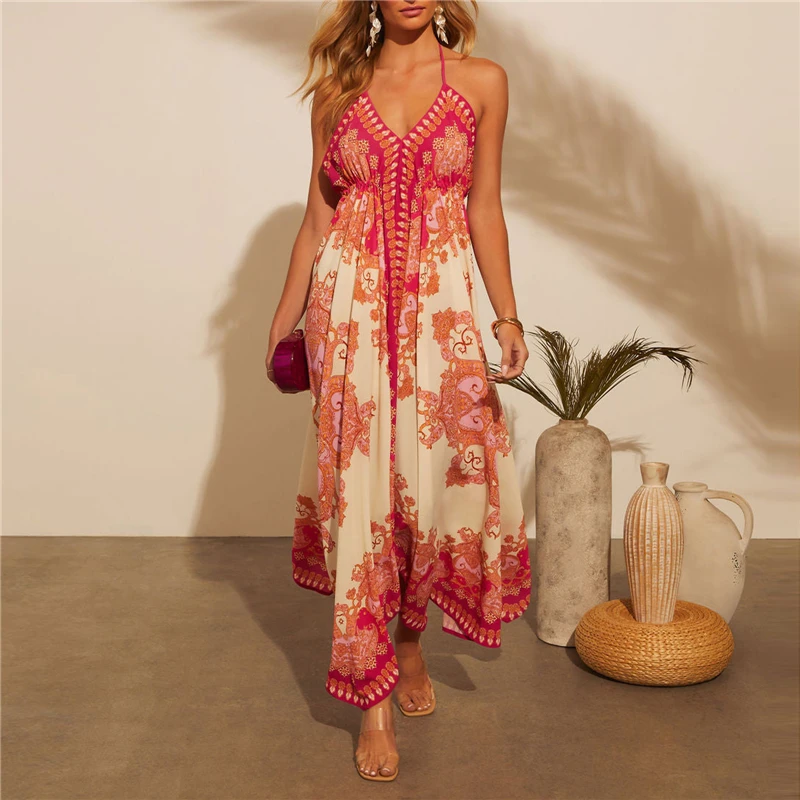 Summer Halter Stylish Floral Print V Neck Sleeveless Loose Fit Long Dresses Sexy Elegant Party Dresses Red Women's Clothing