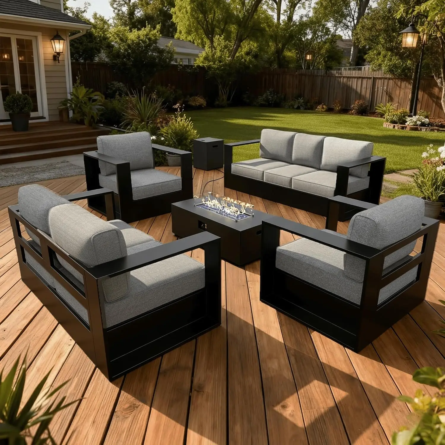 Oversized Aluminum Outdoor Sofa Set With Fire Pit Table For Patio Garden 5-Piece, Customized