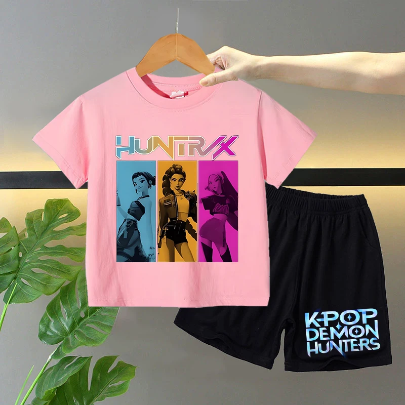 2pcs Kpop Demon Hunters กางเกงขาสั้นแขนสั้นชุดเด็กหญิงฤดูร้อนเสื้อยืดกางเกงชุดเด็กอะนิเมะการ์ตูนน่ารักเสื้อผ้าของขวัญ