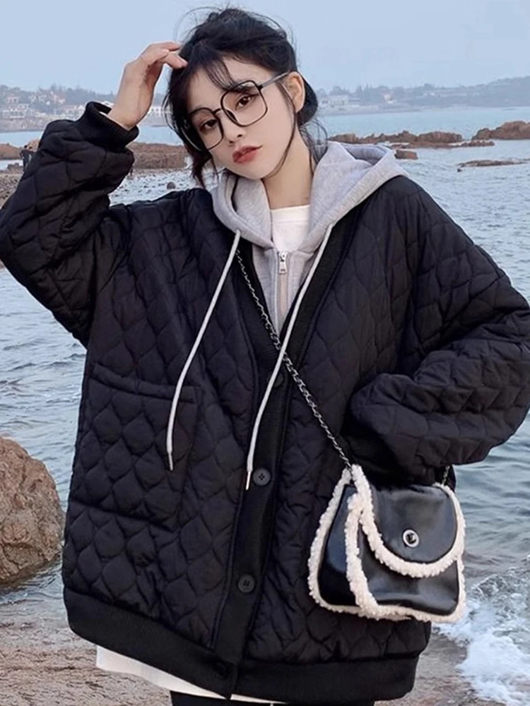 

Faionable Thiened Quilted down Cotton Jaet Women's Autumn Winter New Sle Loose Fit Hooded Versatile Top