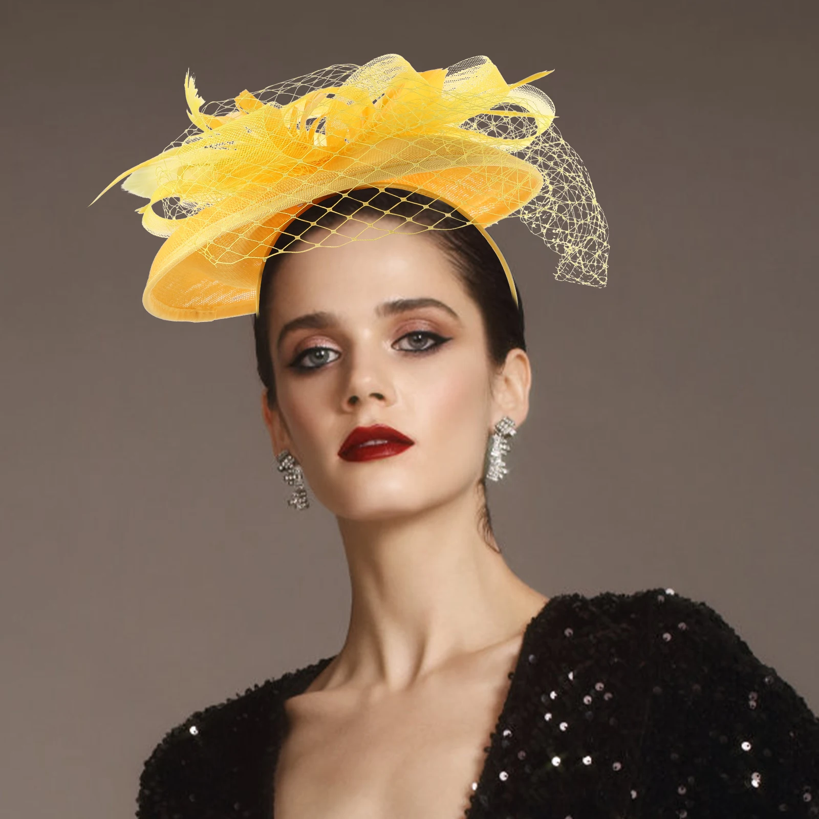 

Shiny Bridal Fascinator Women Hair Accessories Yellow Mesh Hat with for Wedding Tea Party Photoshoot Gifts