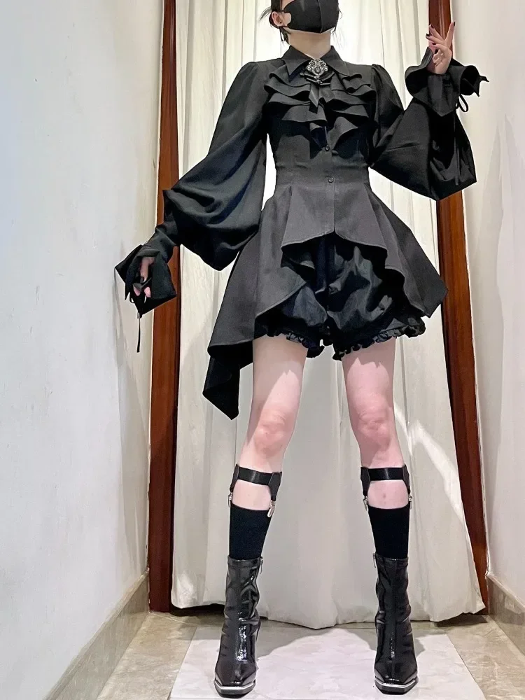 

Japanese Lolita Lapel Neck Ruffles Shirts Women 2025 Autum New Slim Waist Blouses Y2k Long Sleeve Lace Up Blusas Mujer