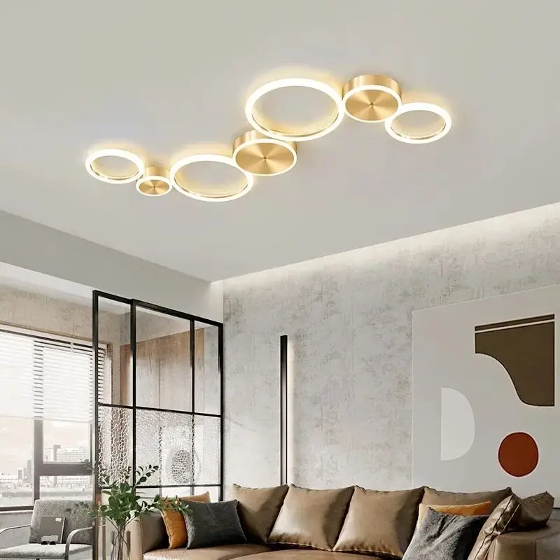 moderno led lustre de teto simples lampada do teto aluminio para sala estar quarto sala jantar circulo aneis luz teto dourado 01