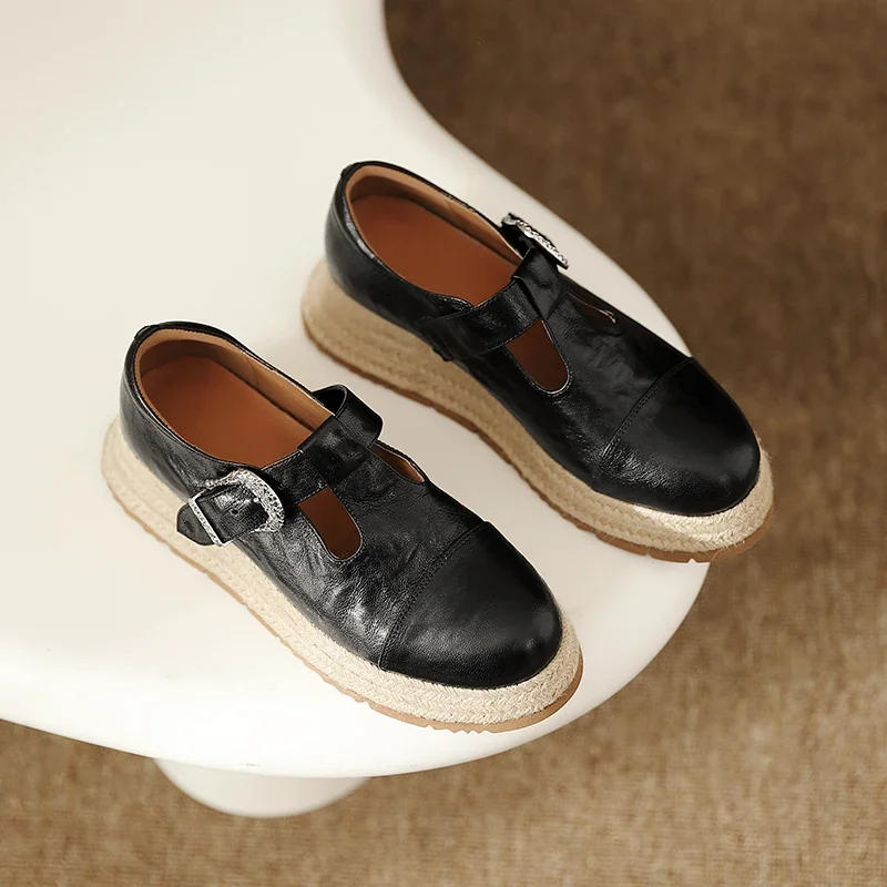 Woman Loafers Platform Handmade Creepers Basic Style Round Toe Footwear T-Strap Spring Autumn Genuine Leather Thick Heeled Shoes