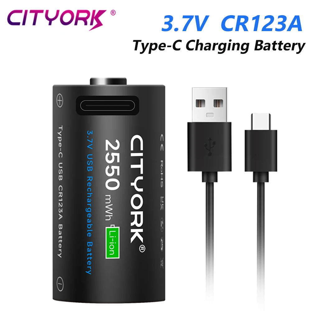 

CITYORK 3.7V CR123 CR123A Rechargeable Battery Type-C USB Charging 16340 16350 Lithium Li-ion Batteries For LED Flashlight Cell