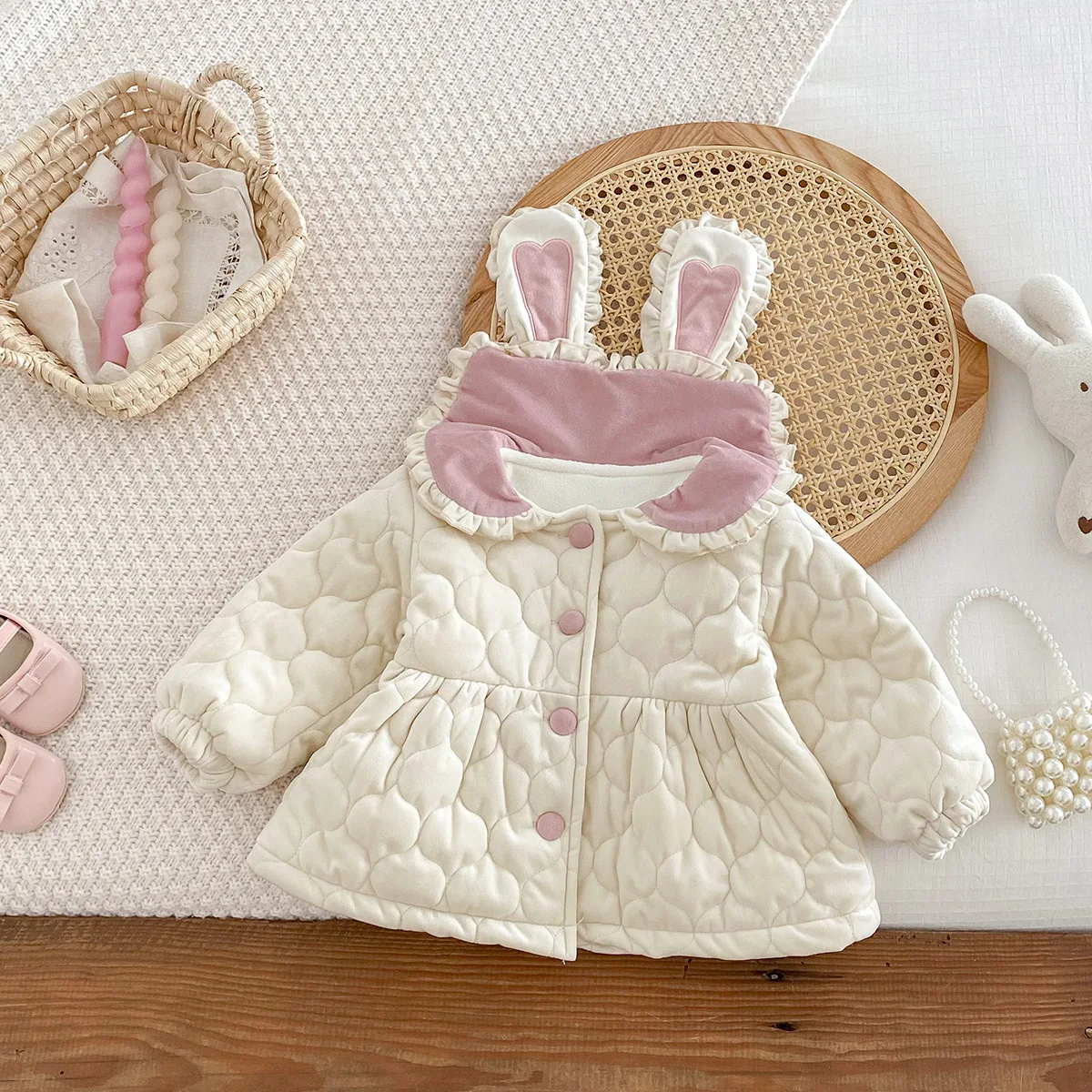 2024 Ins Korean Winter Baby Girls Parkas Rabbit Lapel Cotton Padded Thickened Warm Infant Girls Coat Toddler Girls Jacket