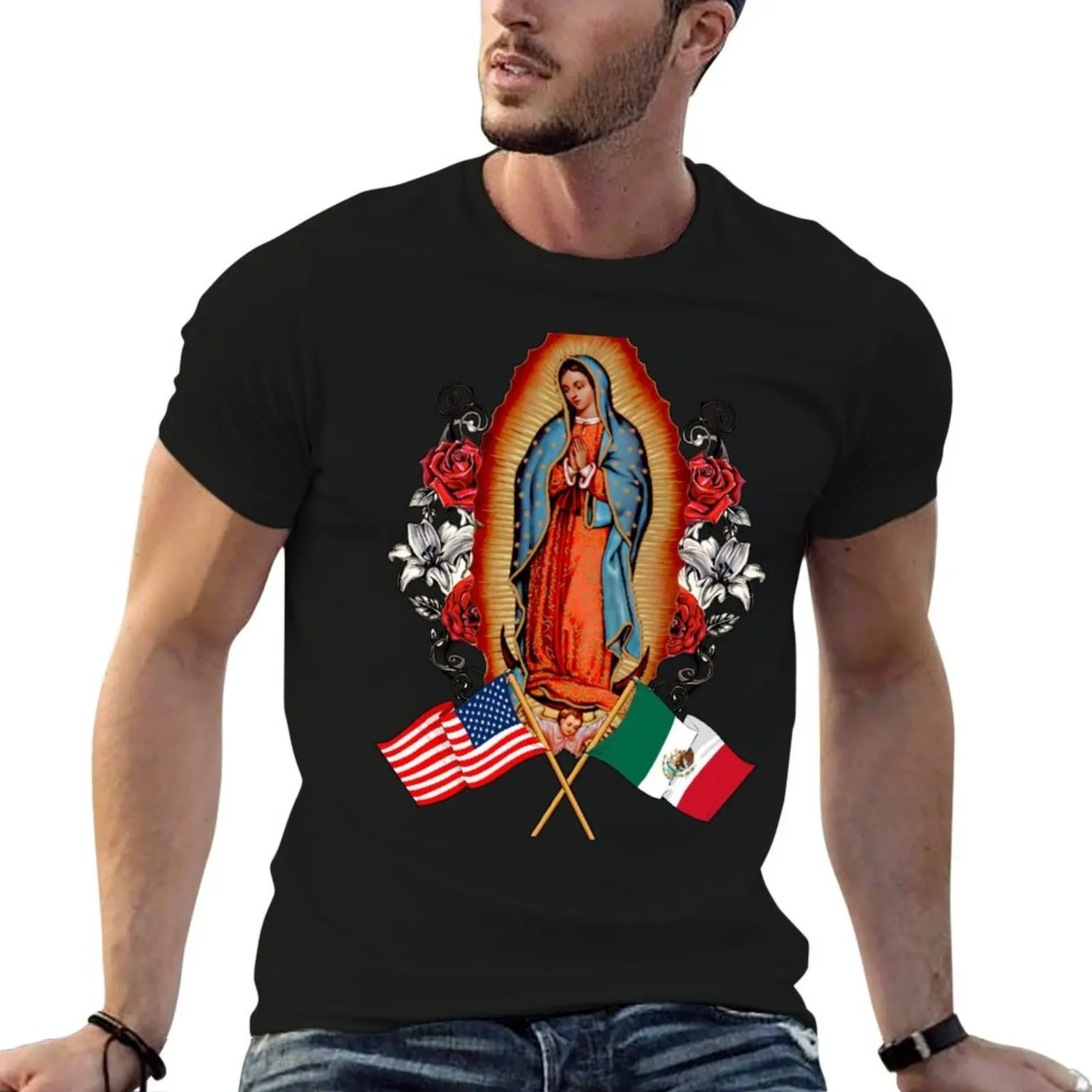 

Our Lady Virgen De Guadalupe Mexican American Flag T-Shirt graphic t shirts for man man tshirt t shirt man plain T-shirt