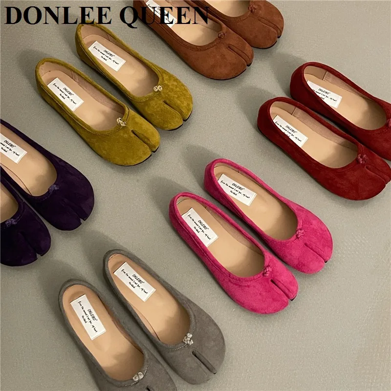 2023 New Suede Bowtie Tabi Ninja Shoes Woman Flat Soft Trotters Split Toe Ballet Ladies Round High Heeled Loafers Femmes Tacones