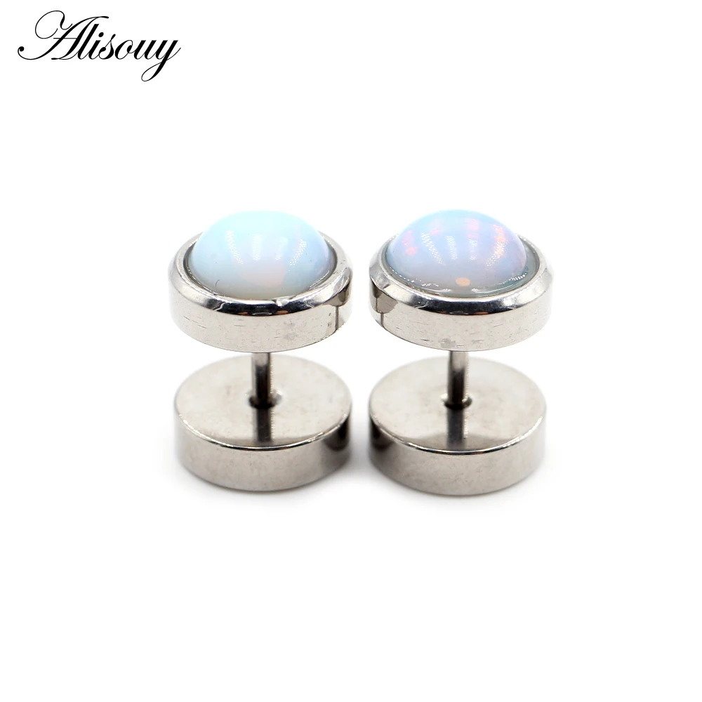 Alisouy 2pcs Punk Natural Stone Opal Stainless Steel Men Women Barbell Dumbbell Ear Studs Earrings Tragus Helix Piercing Jewelry