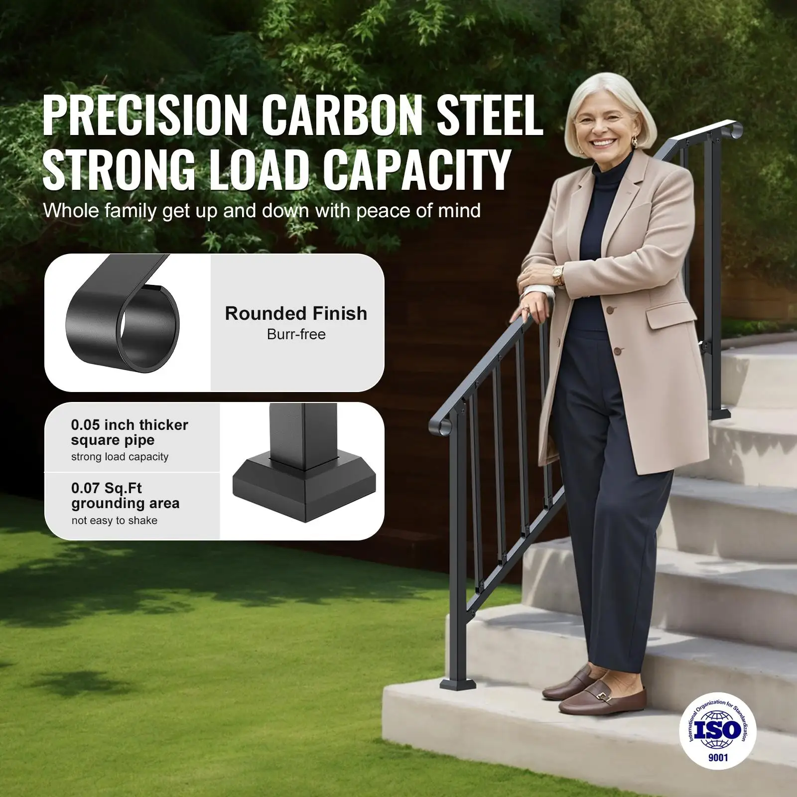 for outdoor 5 Step Stair Handrail Kit Carbon Steel Stair Railing with Installation Accessories Black Retro Arch Hand Rails for Concrete Steps Porch Deck and Senior Safety