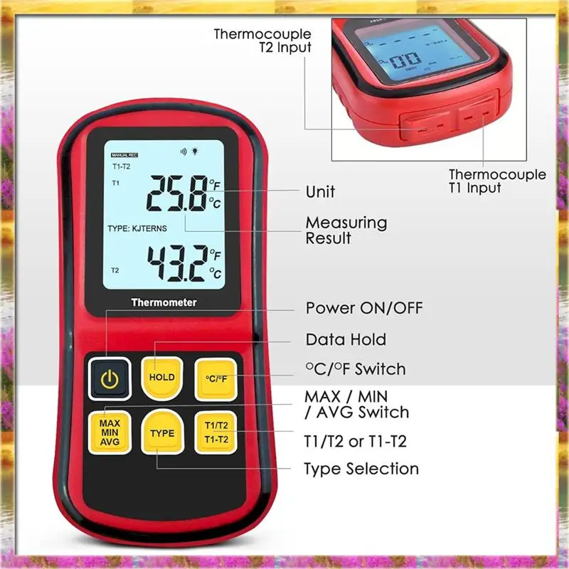 ABSU ميزان الحرارة الحراري الرقمي K نوع ميزان الحرارة مع 2 مشبك درجة الحرارة 2 مجسات الحرارية السلكية