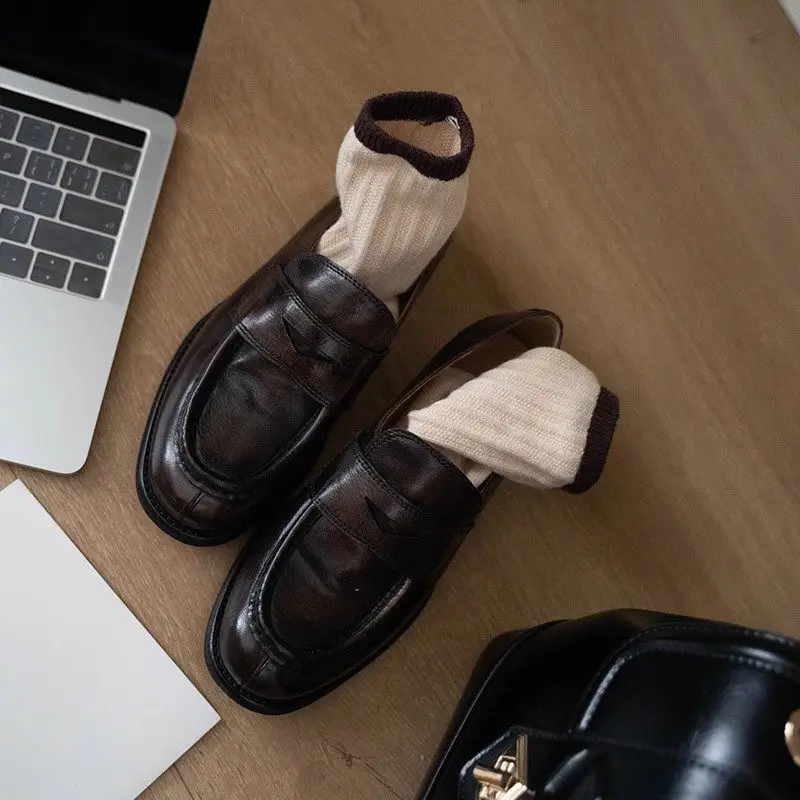 New Design Loafers Women's Leather Shoes Female British Retro Style Casual Round Toe Dress Oxfords Comfortable Single Shoes