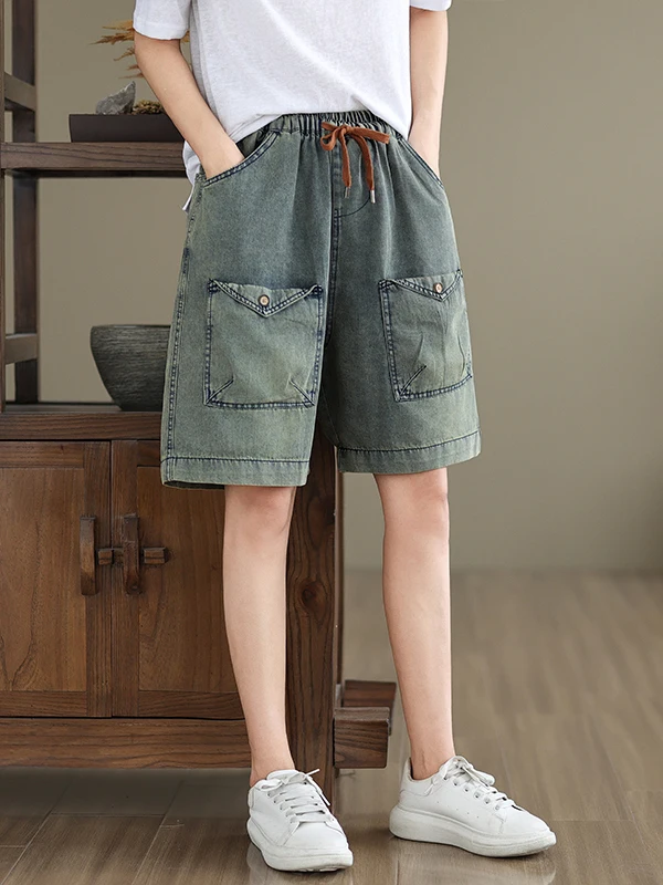 

Summer Thin Retro Style Women's Denim Shorts Casual High Waist Straight Leg Jeans Vintage Look Five-Point Pants Versatile Cotton