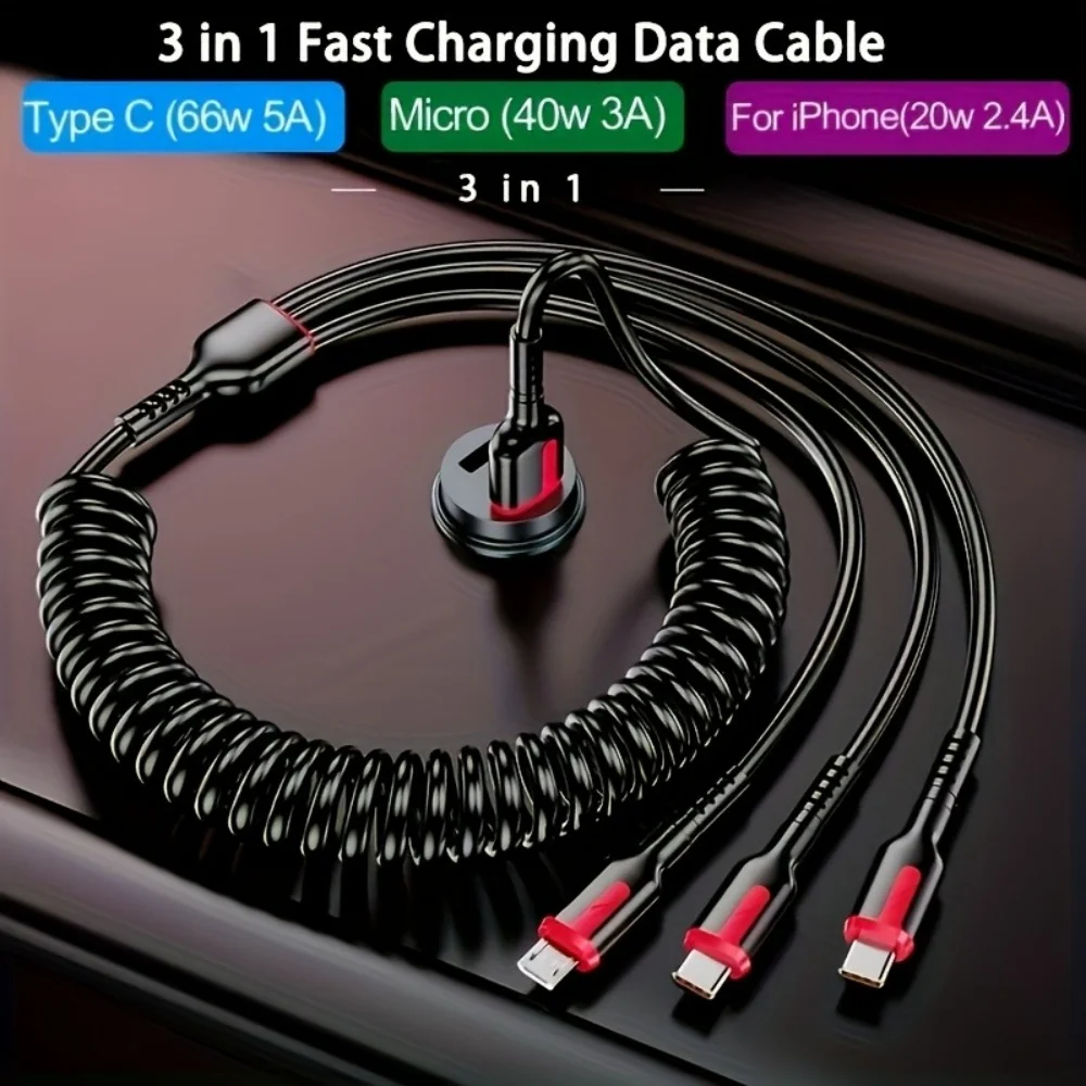 3 In 1 66W USB Cable Fast Charging Data Cable USB A To Type-C For iPhone 15 14 Pro Max Xiaomi Samsung Huawei Mobile Phone Cable