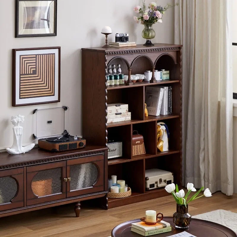 Medieval solid wood bookcase shelf, floor-to-ceiling medieval locker against the wall