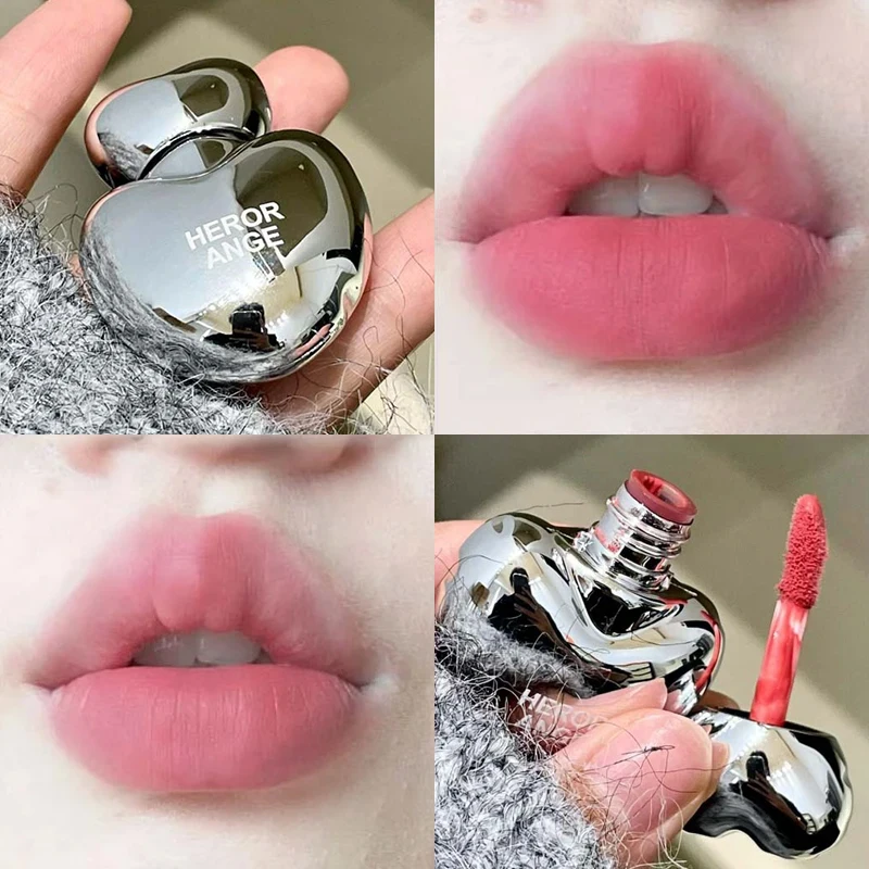 Peach Heart Silky Matte Lipgloss&Blush Low-saturation Gray Pink Liquid Lipstick Waterproof Non-Stick Cup No Fade Lip Tint Makeup