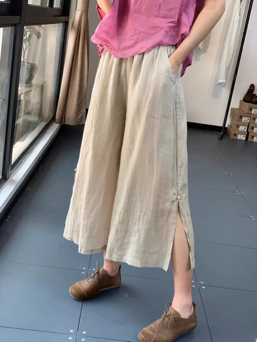 New Chinese Sle Wide Leg Pants Women's Summer Casual Vintage Cotton Linen Split High Waist Nine Points Skirt Pants