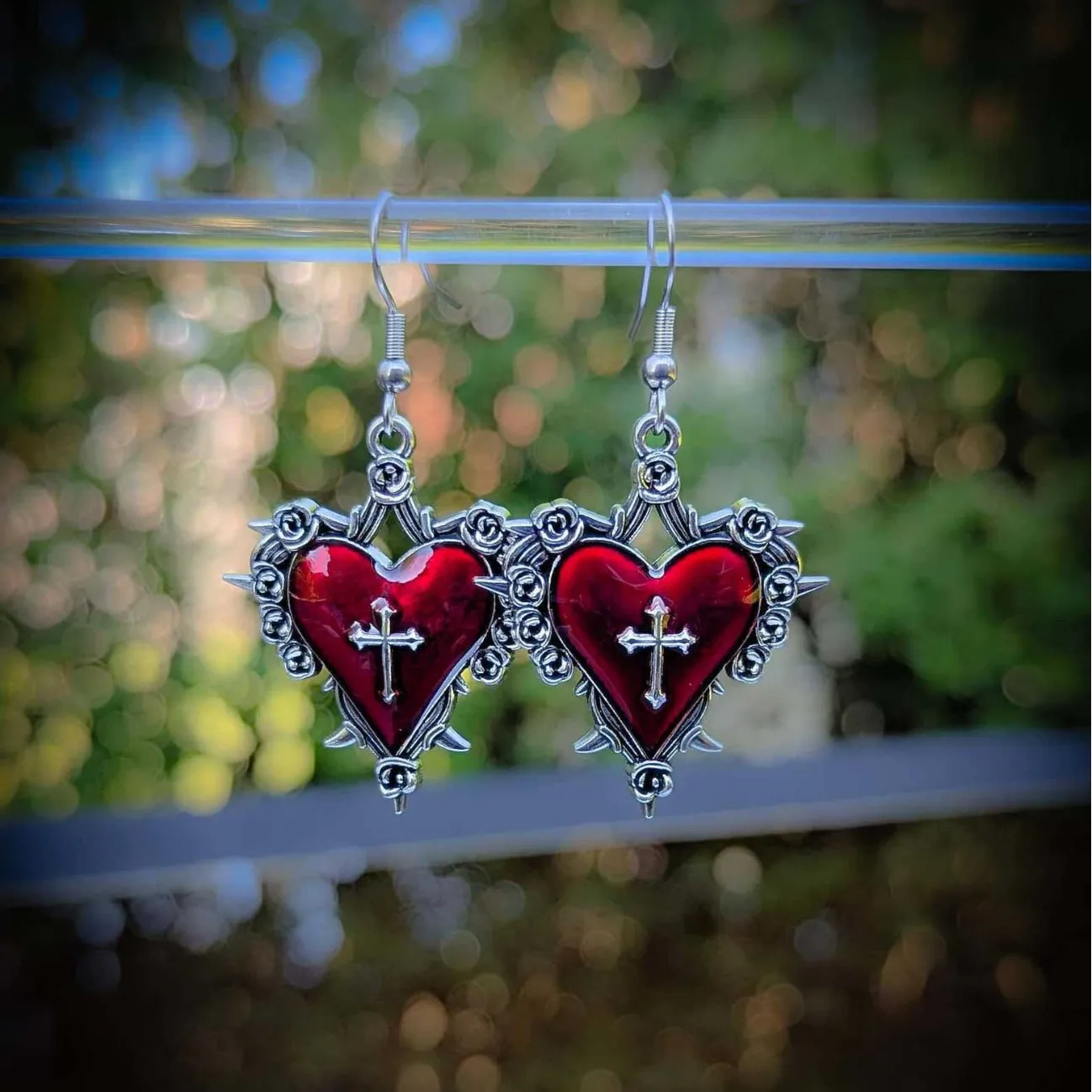 

Rose Cross Heart earrings, Gothic jewelry, punk, Thorn, Retro, Pagan, witchcraft accessories, Death Cross Charm, For Women Girls