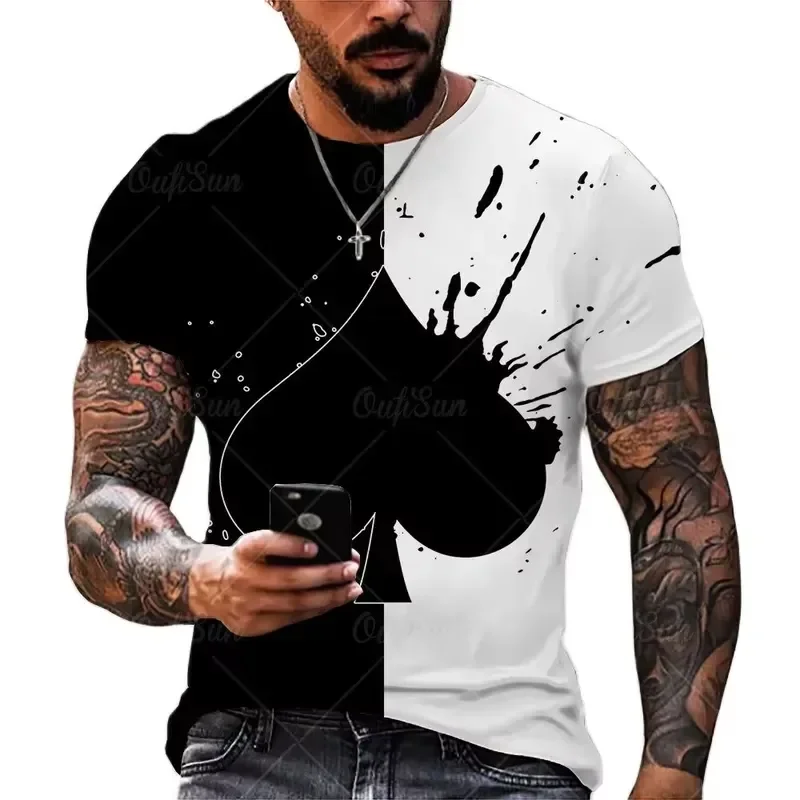 3dデジタルプリント、ファッション、スペードのエース、ポーカー柄、メンズtシャツ、夏用、ポリエステル素材、オーバーサイズ、ストリートウェア、トレンドトップス、2026年モデル。