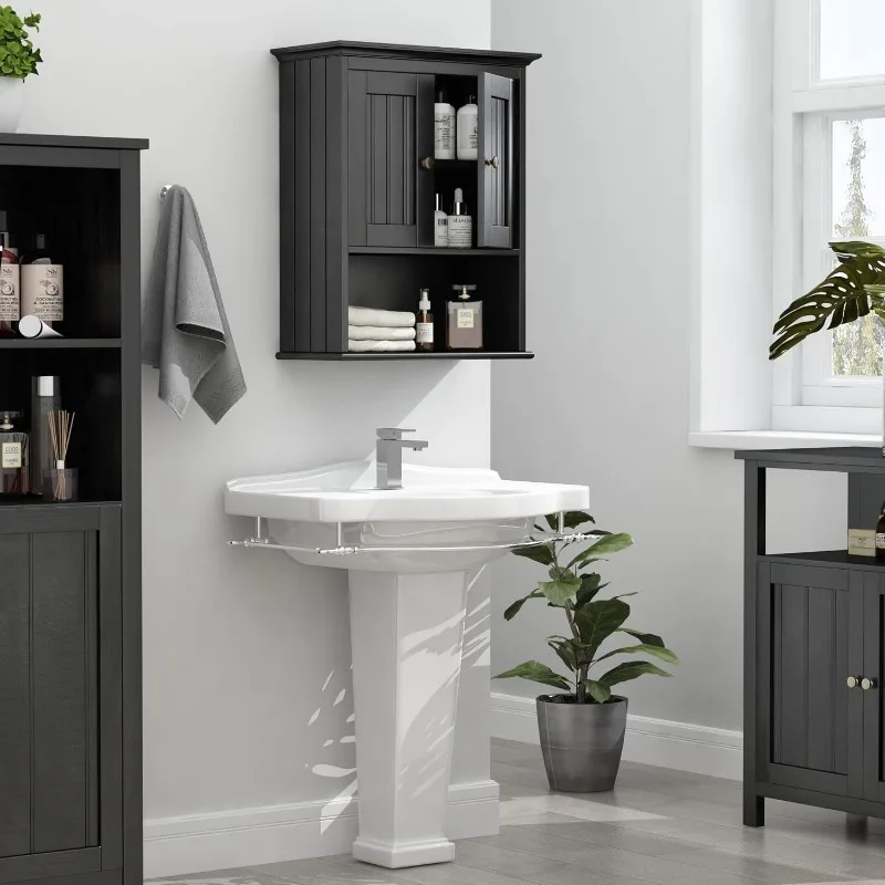 Wood Wall Cabinet Bathroom Medicine Cabinet Storage with Doors and Adjustable Shelf Wall Mount for Bathroom