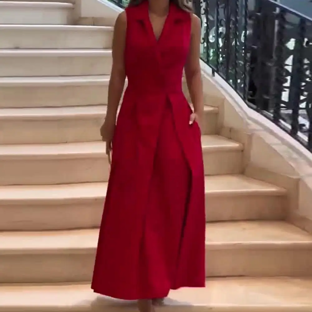 

Ol Commute Dress Elegant V Neck Midi Dress with Pleated Big Hem Side Pockets for Women Formal Office Business Attire Loose Fit