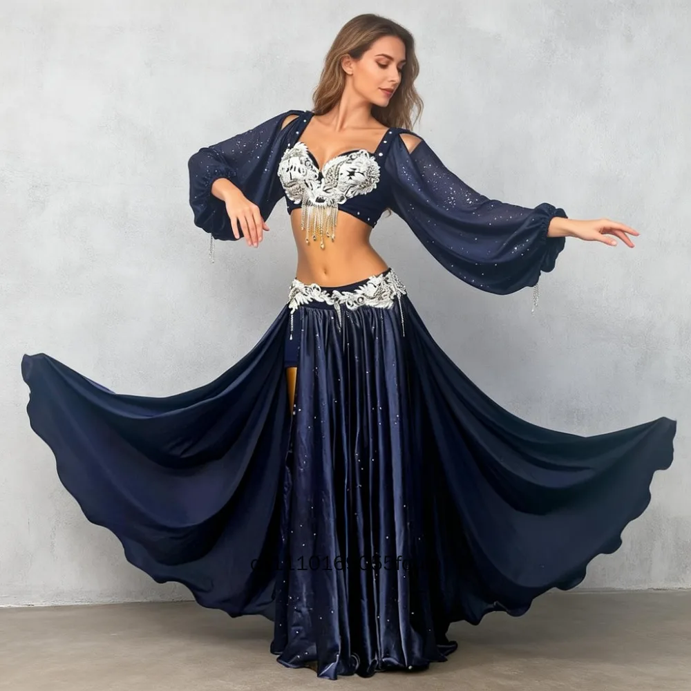 Neues Damen-Bauchtanz-Performance-Kostüm-Set 2-teilig Satin-BH & Hochgeschlitzter Langer Rock |   Anpassbares orientalisches Bauchtanz-Outfit