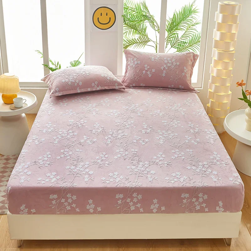 New Solid Color Carved Velvet Milk Vsingle Product Bed Hat 360 Degree Wrap with Elastic Bedspread Thickened Warm Mattress Cover