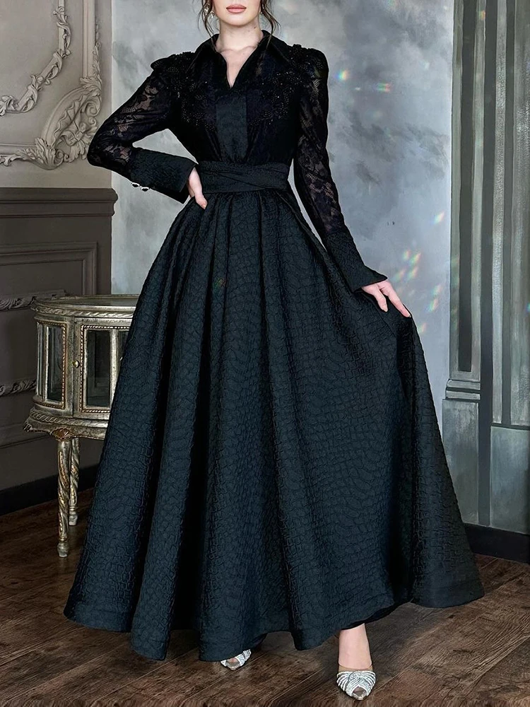 Femmes dentelle broderie fleur élégante robe longue revers pure manches longues blanc printemps automne Chic avec ceinture robes longues Vestido