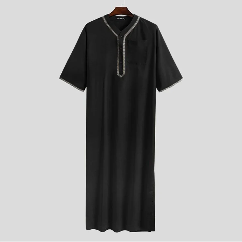 Casual Men Muslim Jubba Thobe Solid Color Soft VNeck Half Sleeve Caftan Dubai Robe Vintage Islamic Arabic Man Kaftan Abaya S-5XL