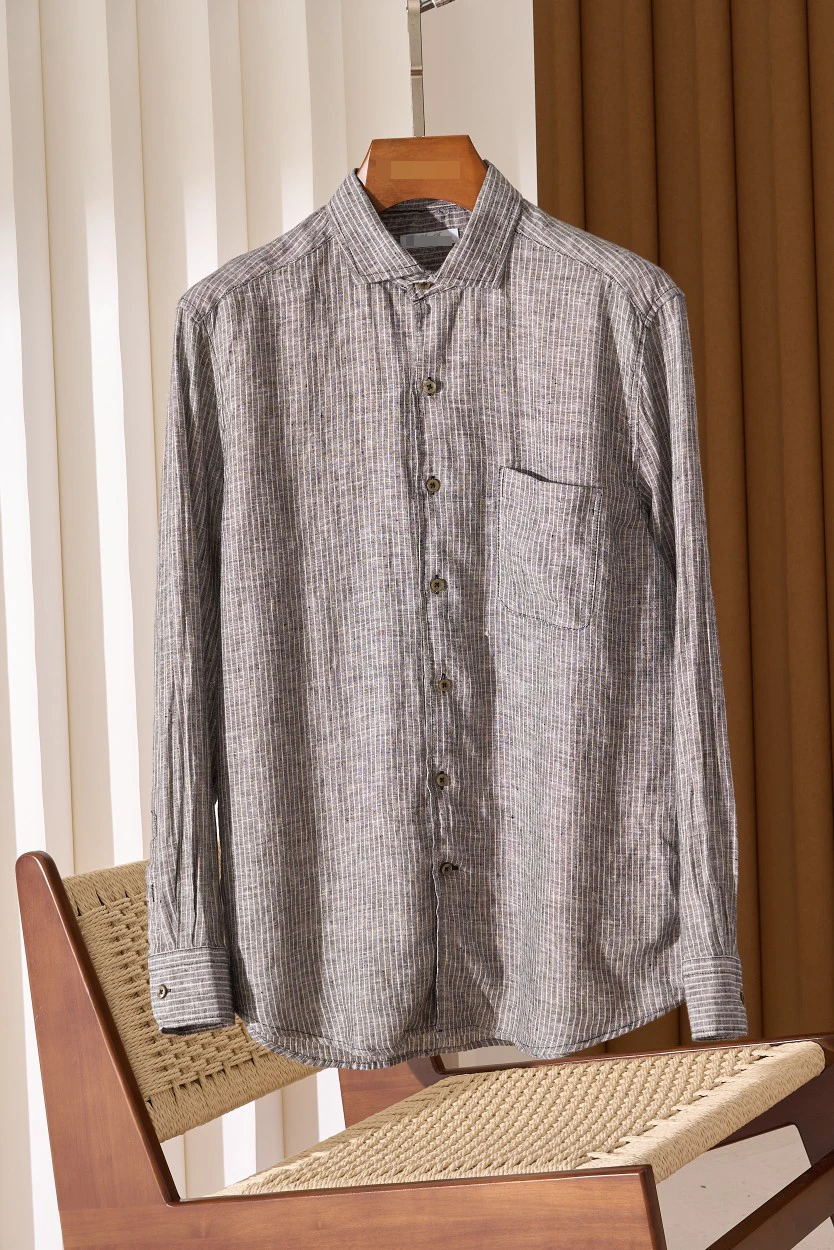 BILLIONAIRE SIJITONGDA Linen shirt, 100% two-tone interwoven linen pinstriped Windsor collar long sleeve shirt