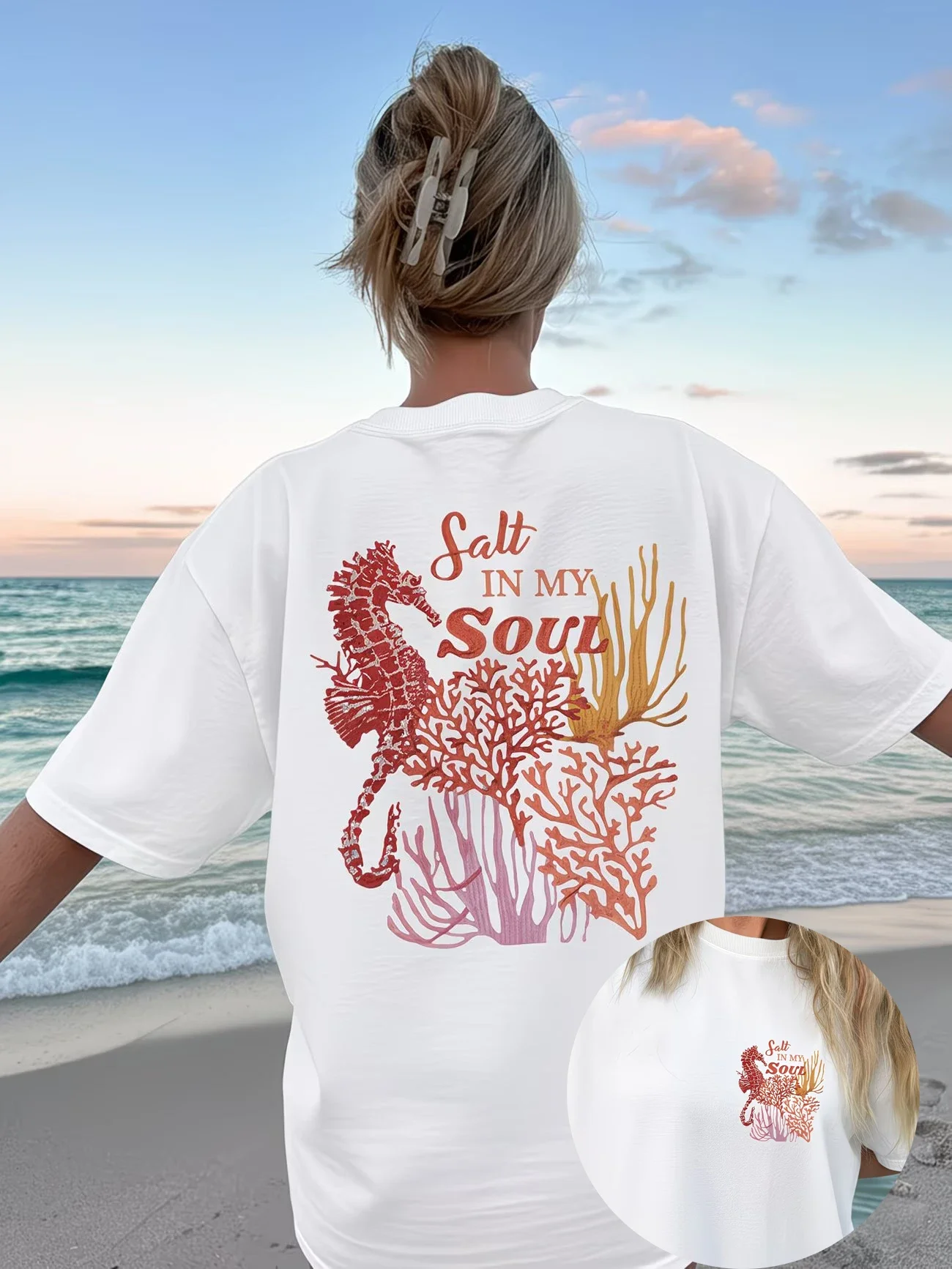 Cute Seahorse Coral Graphic T Shirt Women Salt In My Soul  Tee Summer Beach Vacation Retro Aesthetic Harajuku Streetwear Top