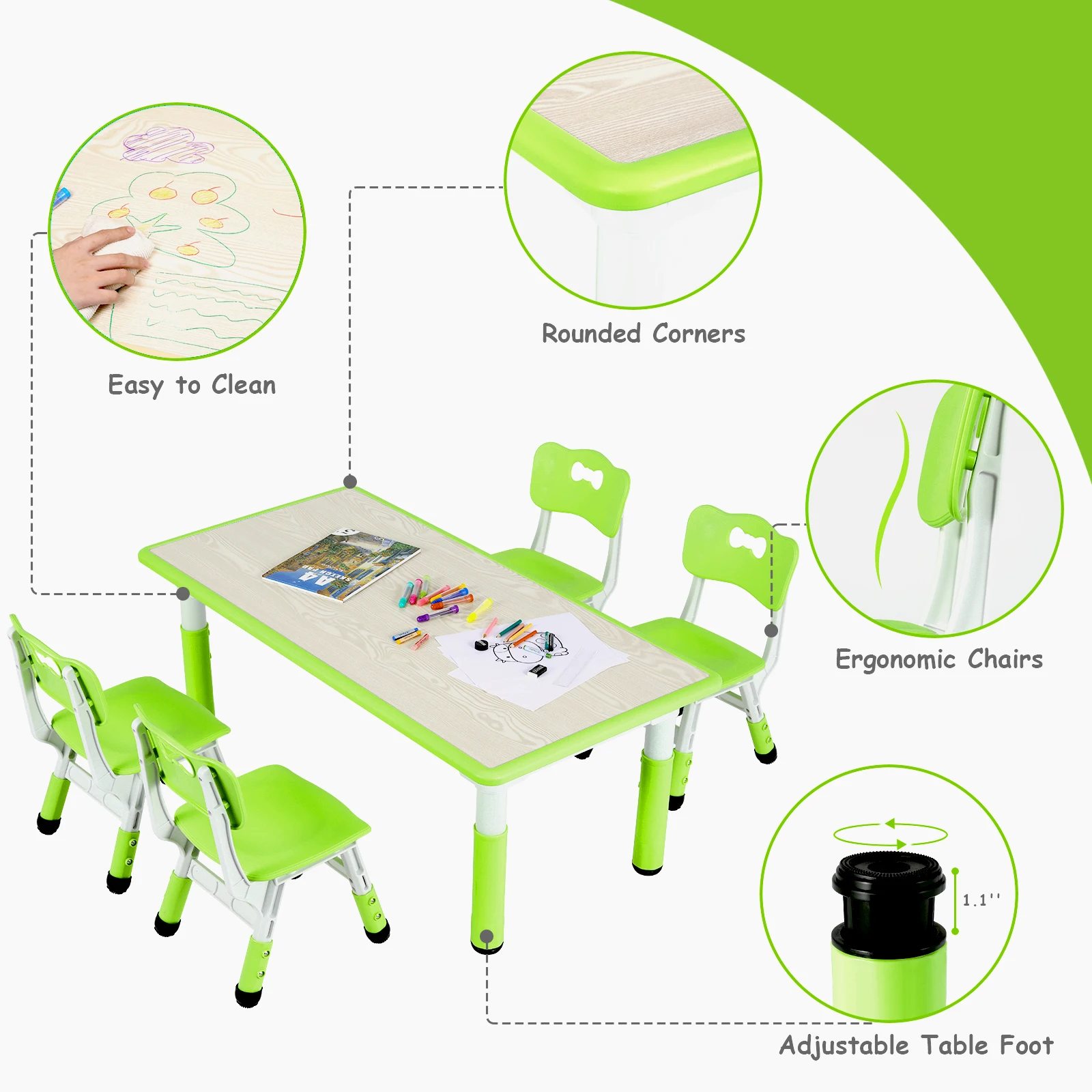 AOOU 47.2‘’ Kid Table and 4 Chairs Set, Height Adjustable Toddler Study Table&Chair Set for Age 2-10, Multi-Activity Art Table