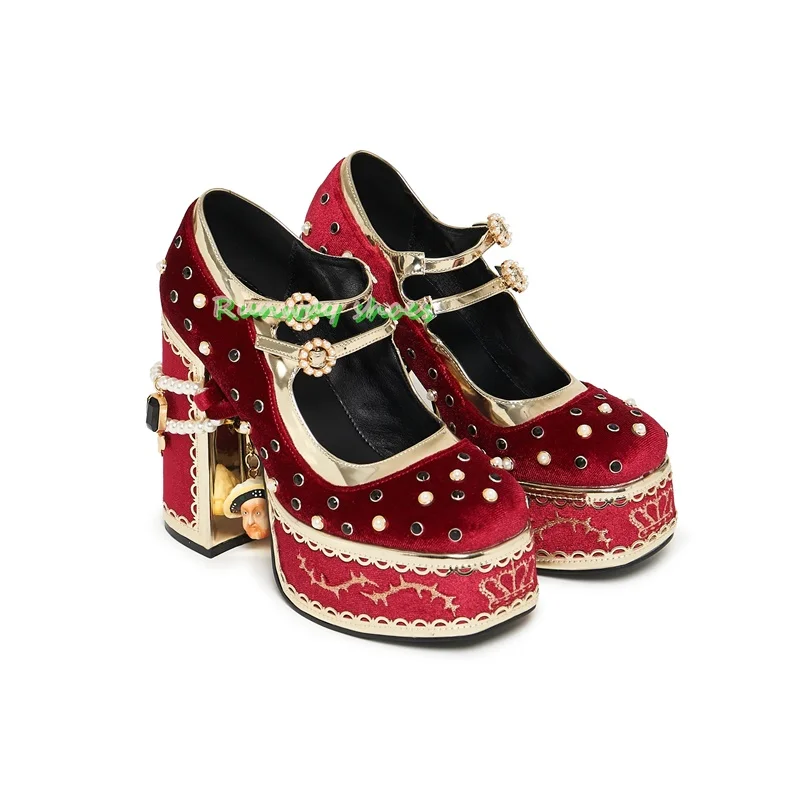 Christmas Red Velvet  Women's Shoes Round toe Chunky Heel Beaded Decorations Rhinestone-Studded Women's Shoes  Single Shoes