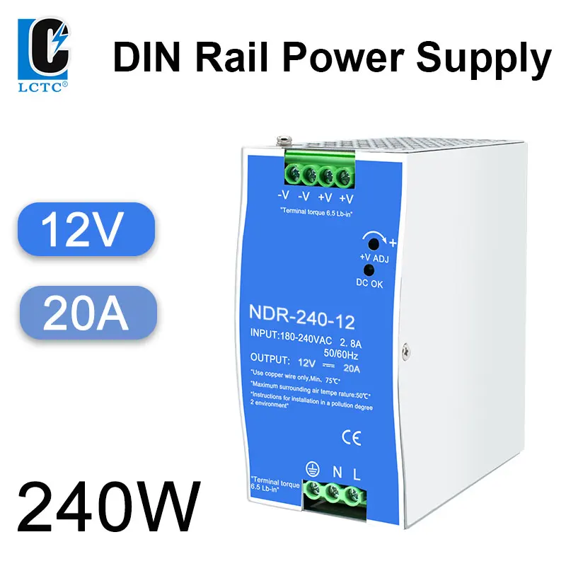 NDR 240W 180-240V AC TO DC Industrial DIN Rail Switching Power Supply 12V 24V 48V 180V-240V  AC TO DC