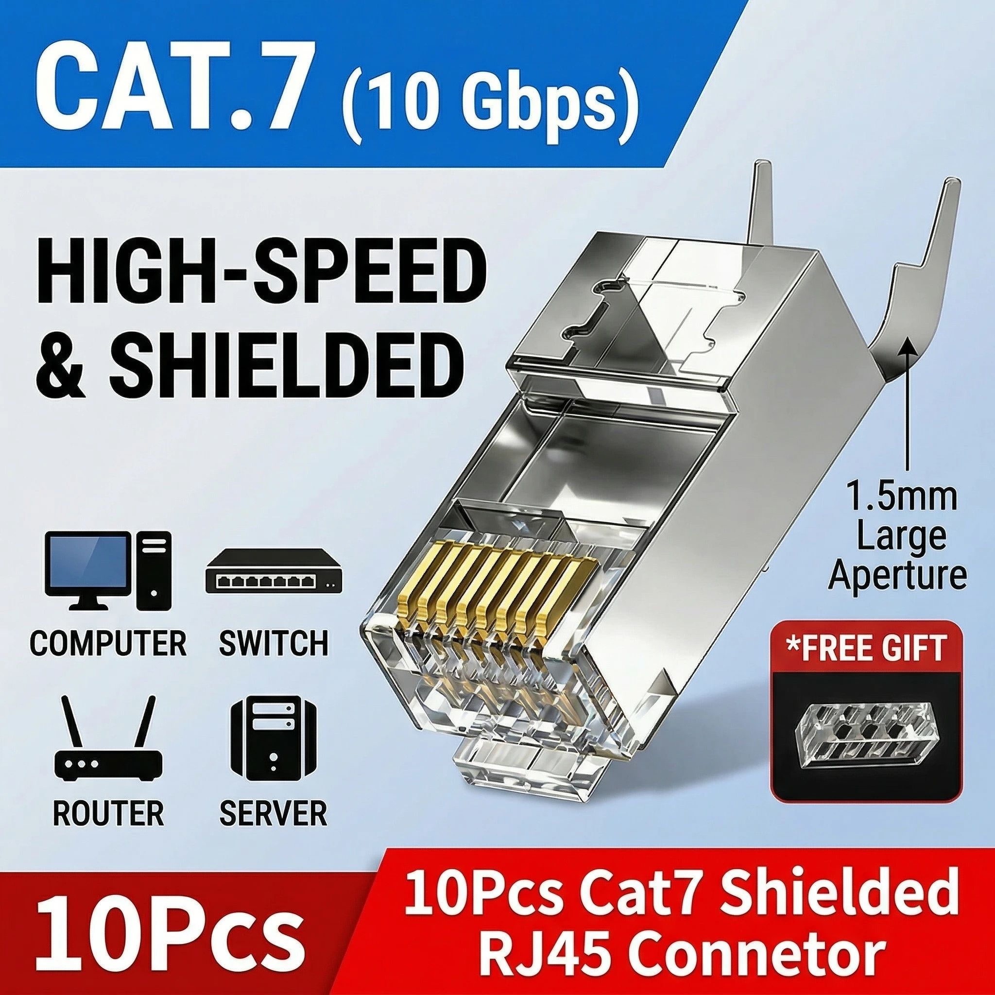 

10Pcs Cat7 Shielded RJ45 Connector 10Gbps, Gold-Plated Pins, Metal Housing, 1.5mm Hole, 2-Piece Pass-Through, for Cat7 Cable