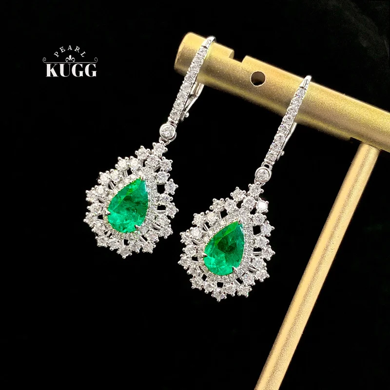 KUGG 100% 18K White Gold Earrings Luxury Romantic Style Shiny Diamond Natural Emerald Gemstone Earrings for Women Fine Jewelry