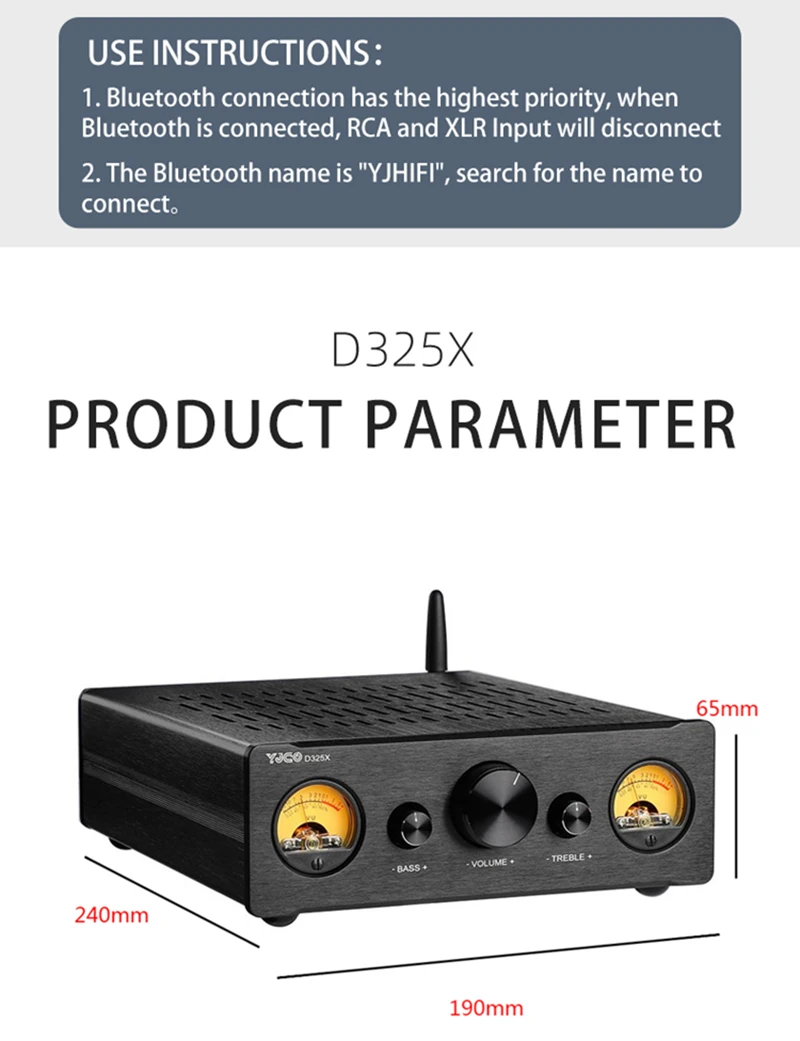 DIYLIVE Digital Audio Power Amplifier TPA3255 300W*2 HiFi 2.0 XLR RCA Bluetooth 5.1 tonal treble and bass adjustment D325X