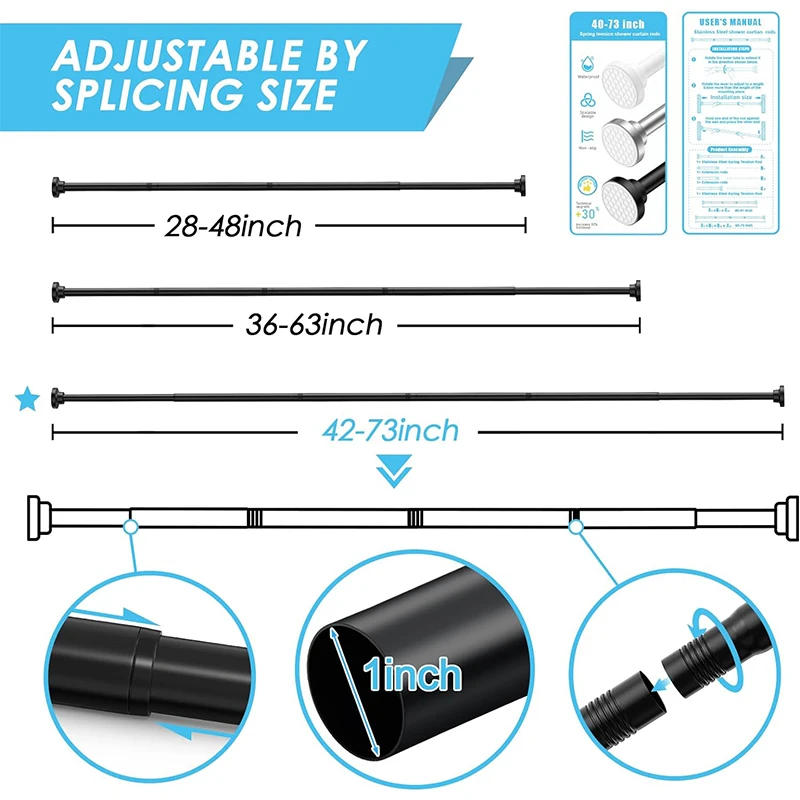 Varillas de cortina de ducha plateadas, barra de cortina de tensión resistente, sin perforación, varillas de ducha de acero inoxidable para baño, 44 a 74 pulgadas