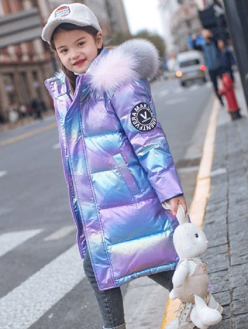 -30℃ Winter Padded Jacket Girls Fashion Waterproof Shiny Hooded Coat Children Outerwear Clothes 5-14 Years Teenage Kids Parka