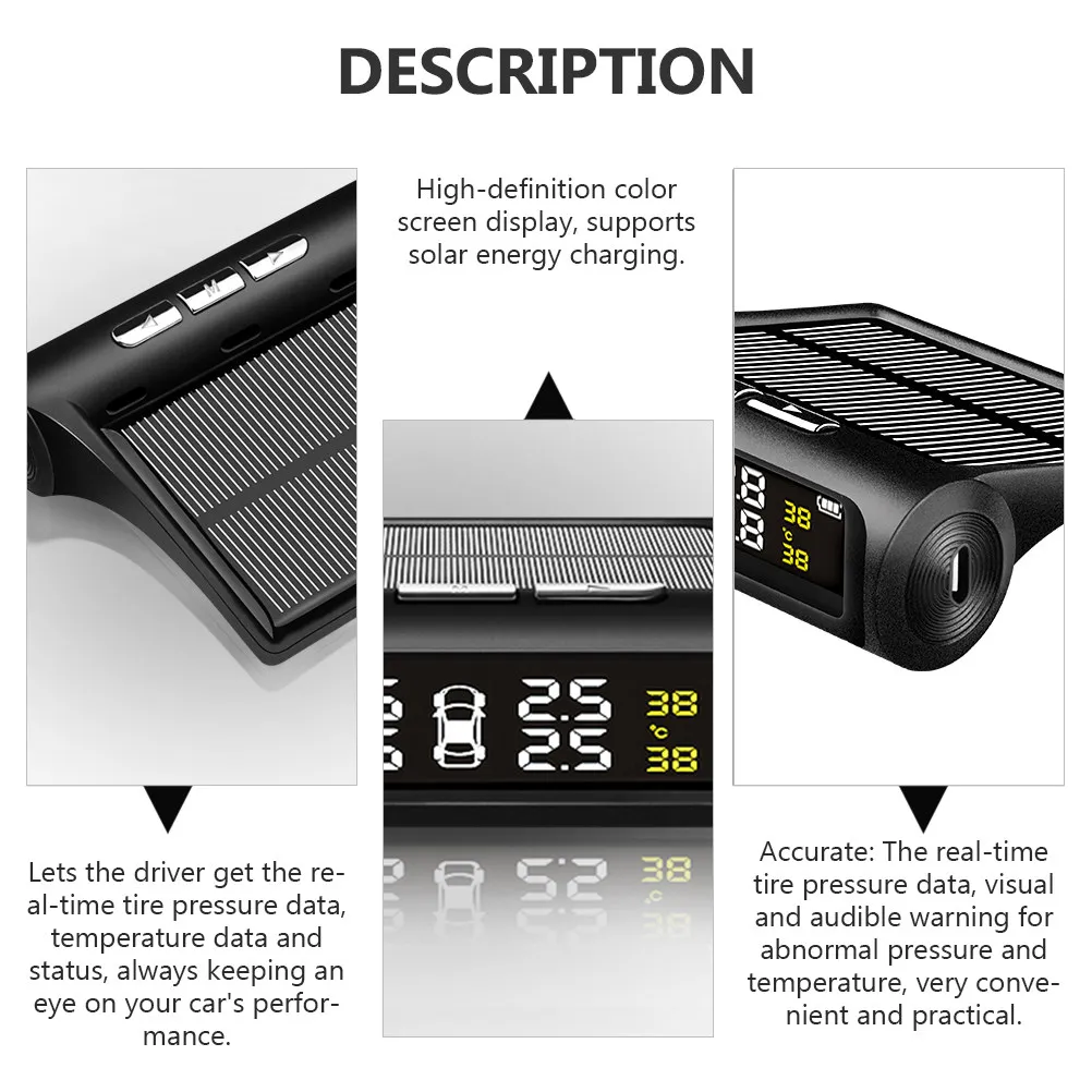 Universal Wireless Solar Tire Pressure Monitor Real Time Four Wheel Data Screen High Low Pressure Temperature Leak