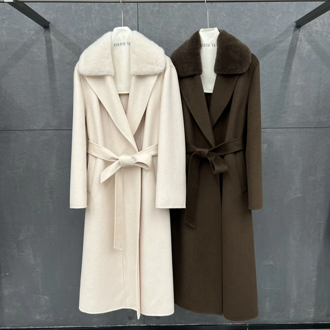 

Minimalist Style Long Cashmere Coat For Women 2025 New Elegant And Atmospheric Waist Slimming Mink Fur Collar