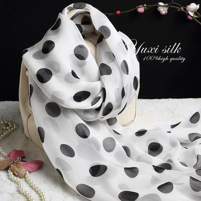 

High Quality Dots on White Background Big Dot Autumn Winter Summer Silk Long Scarf Shawl Women's Spring