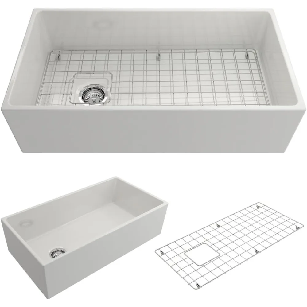 

Contempo Farmhouse Apron Front Fireclay 36 in. Single Bowl Kitchen Sink with Protective Bottom Grid and Strainer in White