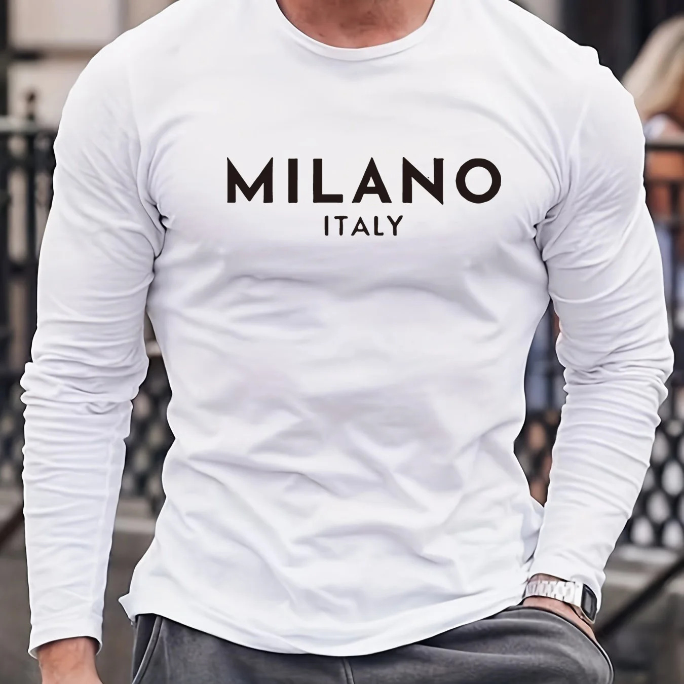 

Pop Men's 100% Pure Cotton Loose And Comfortable Casual Sports Plus MILANO ITALIY Printed Round Neck Long Sleeved T-shirt Top