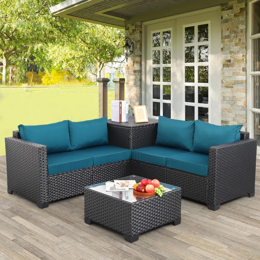 Outdoor PE Wicker Patio Furniture Set of 4 with Storage Box, Glass Top Table and Non-Slip Peacock Blue Cushions