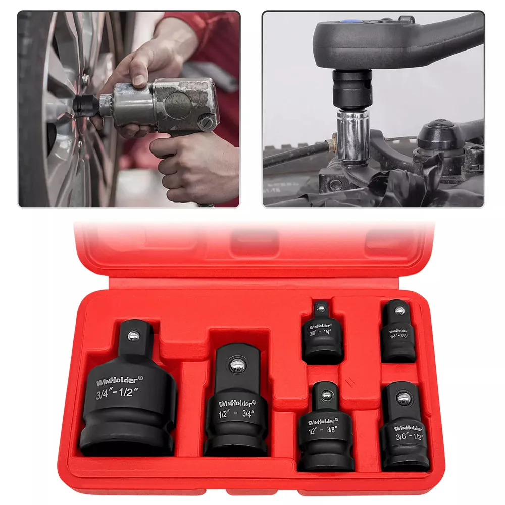 6Pcs Impact Socket Wrench Adapter Set 1/4 3/8 1/2 3/4 Inch Square Drive Adaptor Reducer Spanner Hand Tools Kit ﻿with Case