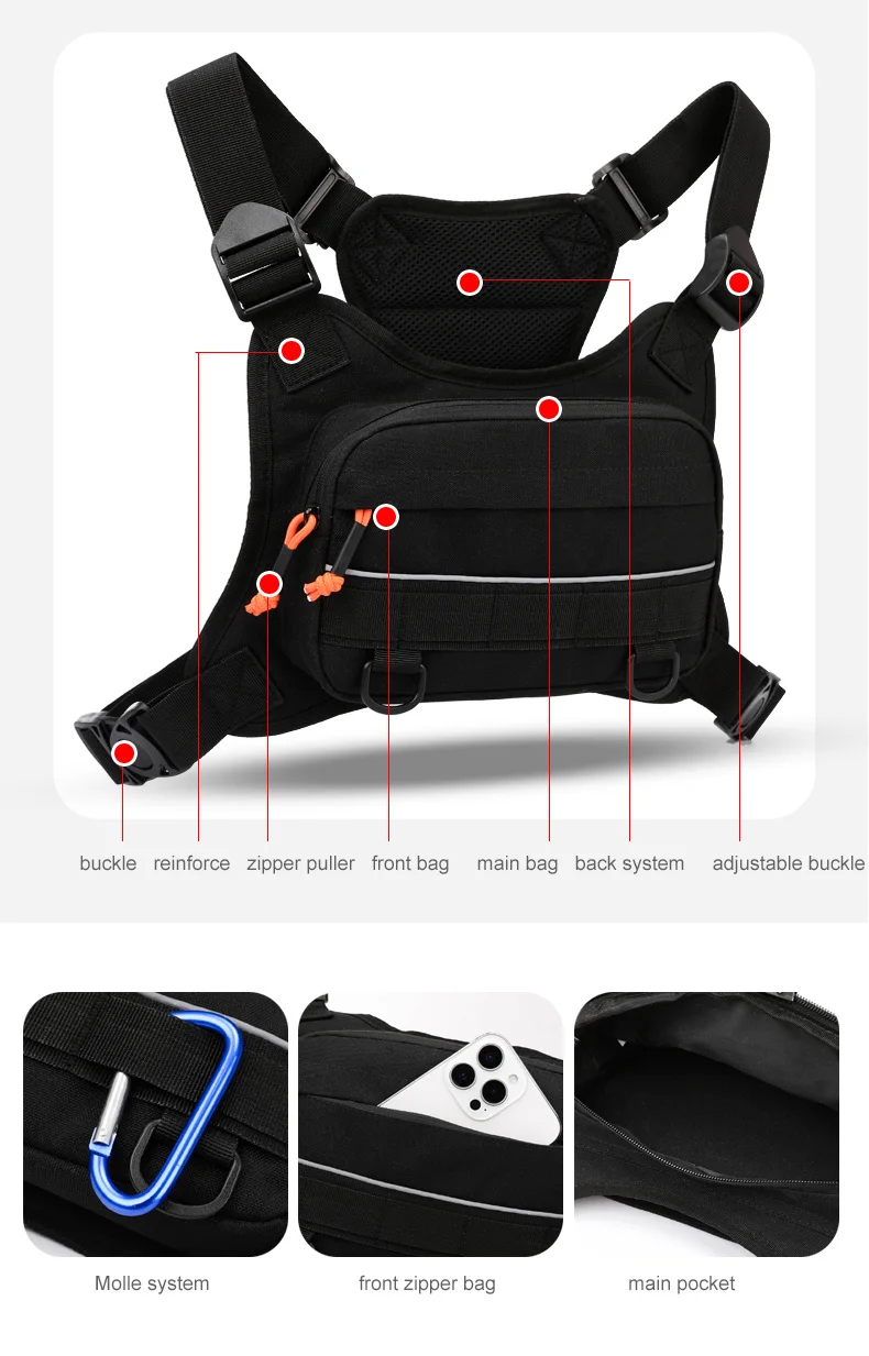 Taktische Brusttasche für Herren, Laufweste, Rucksack, Ausrüstungstasche, Wandern, Radfahren, Outdoor, Camping, Angeln, Jagd, Reisen, Molle-Tasche – Detail 7