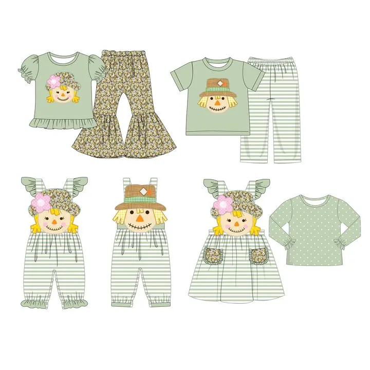 New Ropa Summer Short Sleeve Round Neck Dress Scarecrow Pattern Girl Top T-shit And Green Shorts Romper Boy Clothes